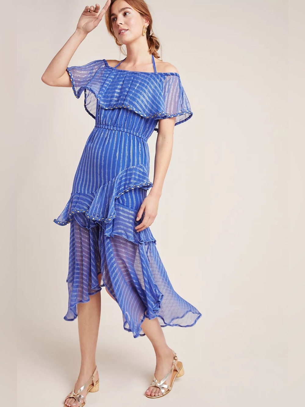 Anthropology Ambrosia Ruffle Off-Shoulder Midi Dress